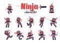 Cartoon ninja character. Japanese warrior in dark suit and mask, different karate poses, fighting swords, shurikens and