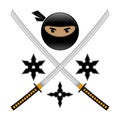 Cartoon Ninja Face Icon with Katana and Metal Stars Isolated on White Background. Warrior Logo