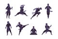 Cartoon ninja. Funny Japanese warrior character in kimono standing in fight position. Shinobi sitting in lotus pose for meditation