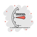 Cartoon normal level icon in comic style. Speedometer, tachometer sign illustration pictogram. Risk meter splash business concept