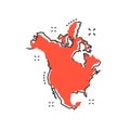 Cartoon North America map icon in comic style. North America ill