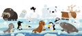 Cartoon north pole scene with animals on ice illustration