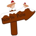 Cartoon north pole wood sign with cute little birds with santa's hat illustration