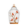 Cartoon northern cardinals sitting on wooden branch in cell. Birds with bright red plumage. Domestic animals. Colorful