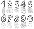 Cartoon numbers set coloring book page with fruits Royalty Free Stock Photo