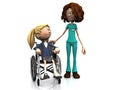 Cartoon nurse and girl in wheelchair.