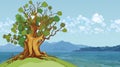 Cartoon oak tree growing on a hill by the sea Royalty Free Stock Photo