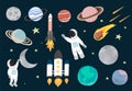 Cartoon object space collection with planet,astronaut,moon,sun.Vector illustration for icon,logo,sticker,printable,postcard and