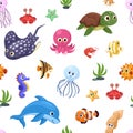 Cartoon ocean animal seamless pattern. Fun animals, tropical sea wildlife characters. Cute turtle, starfish and dolphin Royalty Free Stock Photo