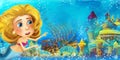 Cartoon ocean scene and the mermaid princess in underwater kingdom swimming and having fun near sunken pirate ship illustration Royalty Free Stock Photo