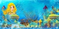 Cartoon ocean scene and the mermaid princess in underwater kingdom swimming and having fun near sunken pirate ship illustration