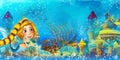 Cartoon ocean scene and the mermaid princess in underwater kingdom swimming and having fun near sunken pirate ship illustration Royalty Free Stock Photo