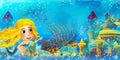Cartoon ocean scene and the mermaid princess in underwater kingdom swimming and having fun near sunken pirate ship illustration Royalty Free Stock Photo