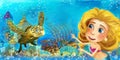 Cartoon ocean scene and the mermaid princess in underwater kingdom swimming and having fun near sunken pirate ship illustration Royalty Free Stock Photo