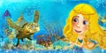 Cartoon ocean scene and the mermaid princess in underwater kingdom swimming and having fun near sunken pirate ship illustration Royalty Free Stock Photo