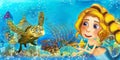 Cartoon ocean scene and the mermaid princess in underwater kingdom swimming and having fun near sunken pirate ship illustration Royalty Free Stock Photo