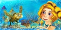 Cartoon ocean scene and the mermaid princess in underwater kingdom swimming and having fun near sunken pirate ship illustration Royalty Free Stock Photo