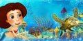 Cartoon ocean scene and the mermaid princess in underwater kingdom swimming and having fun near sunken pirate ship illustration Royalty Free Stock Photo