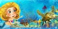 Cartoon ocean scene and the mermaid princess in underwater kingdom swimming and having fun near sunken pirate ship illustration Royalty Free Stock Photo