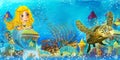 Cartoon ocean scene and the mermaid princess in underwater kingdom swimming and having fun near sunken pirate ship illustration Royalty Free Stock Photo