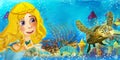 Cartoon ocean scene and the mermaid princess in underwater kingdom swimming and having fun near sunken pirate ship illustration Royalty Free Stock Photo