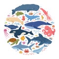 Cartoon ocean underwater animals, seahorse, medusa, whale and fish. Ocean wild life, sea animals round composition vector concept