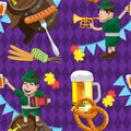 Cartoon Octoberfest seamless pattern. Male characters in national costumes playing musical instruments items attributes of the