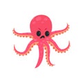 Cartoon octopus character with angry face expression. Marine creature concept. Pink six-tentacled mollusk. Flat vector