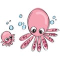 Cartoon octopus family in a childish naif doodle drawing style