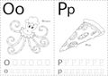 Cartoon octopus and pizza. Alphabet tracing worksheet: writing A