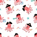 Cartoon octopus seamless pattern. Pirates print, cute underwater animal doodle graphic. Boy girl fabric template Royalty Free Stock Photo