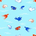 Cartoon octopuses and waves on a light blue background