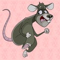 Cartoon offended gray rat running away looking around