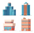 Cartoon office city buildings, modern skyscrapers, towers and houses with apartments. Business town architecture Royalty Free Stock Photo