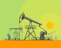 Cartoon Oil Derrick at Sunset Background. Vector Royalty Free Stock Photo