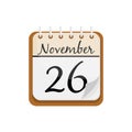 Cartoon old calendar for Thanksgiving day. November 26 old calendar. Royalty Free Stock Photo