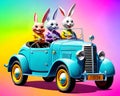 Cartoon old car comic smiling bunny rabbit pet child play toy