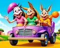Cartoon old car family donkey pig creature smiling fun outdoor travel Royalty Free Stock Photo