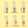 Cartoon old couple holdng crutch