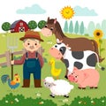 Cartoon of old farmer and farm animals on the farm Royalty Free Stock Photo