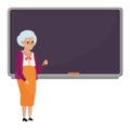 Cartoon old female teacher standing in front of blank school blackboard vector illustration. Granny teacher isolated.