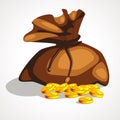 Cartoon old full brown bag for money. Gold coins. Vector illustration