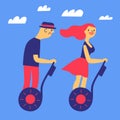 Cartoon old man and a girl riding segways.