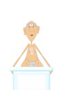 Cartoon of an old man lowering himself into a hot bath