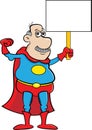 Cartoon old man in a super hero costume making a muscle and holding a sign.