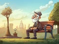 cartoon of old man wear eyeglasses and hat sit on chair in the public park, garden, illustration Royalty Free Stock Photo