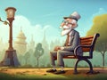 cartoon of old man wear suit and eyeglasses and hat sit on chair in the public park, illustration, generative ai Royalty Free Stock Photo