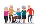 Cartoon old people. Happy aged citizens, disabled senior on wheelchair and elderly citizen with a cane cartoon vector Royalty Free Stock Photo