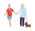 Cartoon old people walking with dog together. Senior persons holding hands. Man and woman lead puppy on leash. Aged Royalty Free Stock Photo