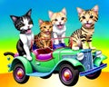 Cartoon old retro vintage green car comic smile happy kitty cat family Royalty Free Stock Photo